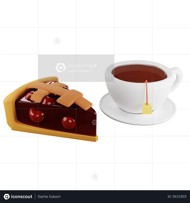 Piece of cherry pie and tea  3D Illustration