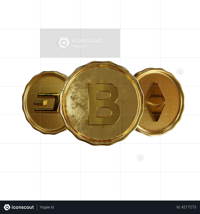 Pièces de crypto-monnaie dorées  3D Illustration