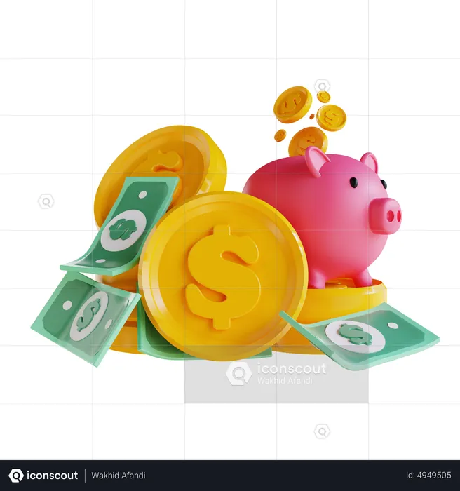 Piggy Bank And Pile Of Money  3D Icon