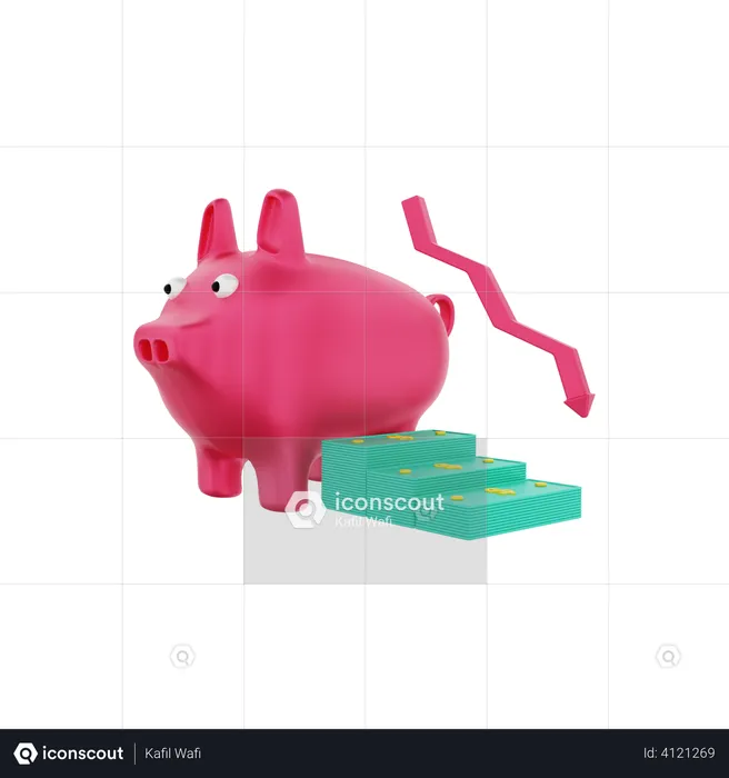 Piggy bank with investment dollar banknotes down  3D Illustration