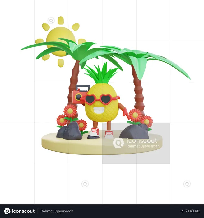 Piña disfrutando de las vacaciones de verano en la playa  3D Illustration