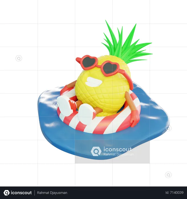 Piña relajándose en el anillo de natación en el mar  3D Illustration