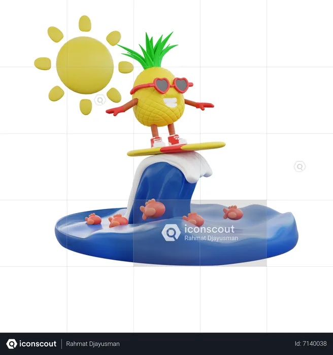 Pineapple Doing Surfboarding  3D Illustration