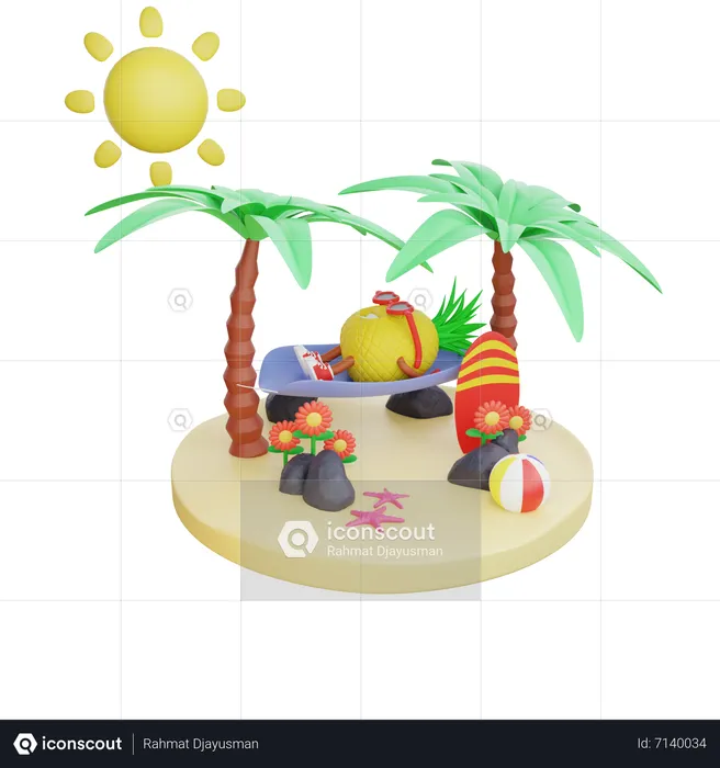 Pineapple Enjoying Summer Holiday on Island  3D Illustration