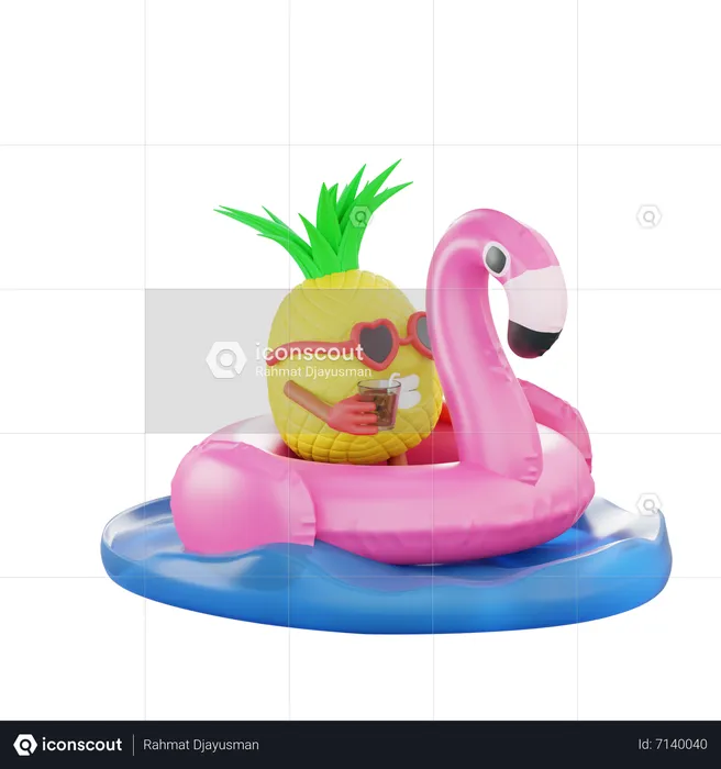 Pineapple Relaxing On Flamingo Ring In Sea  3D Illustration