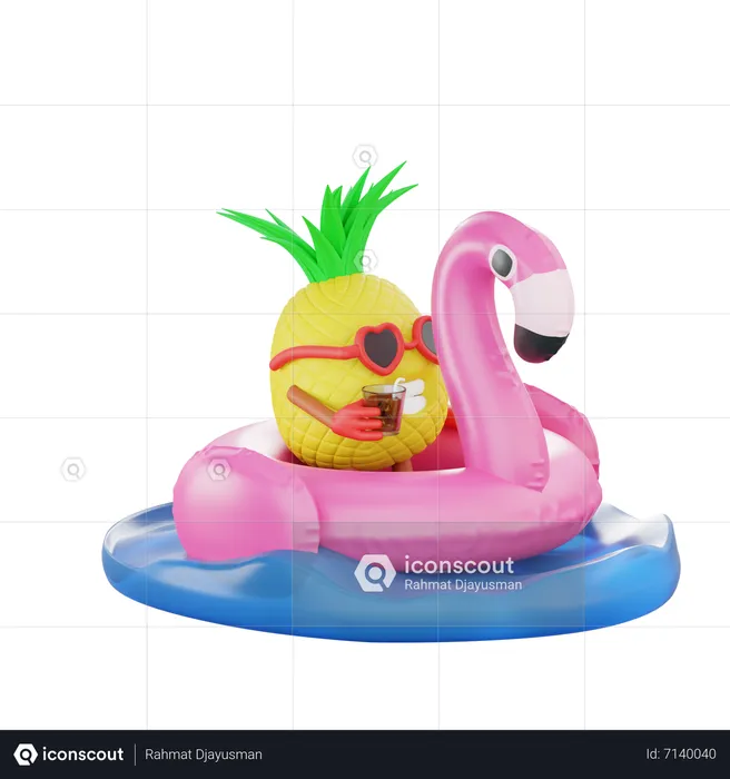 Pineapple Relaxing On Flamingo Ring In Sea  3D Illustration