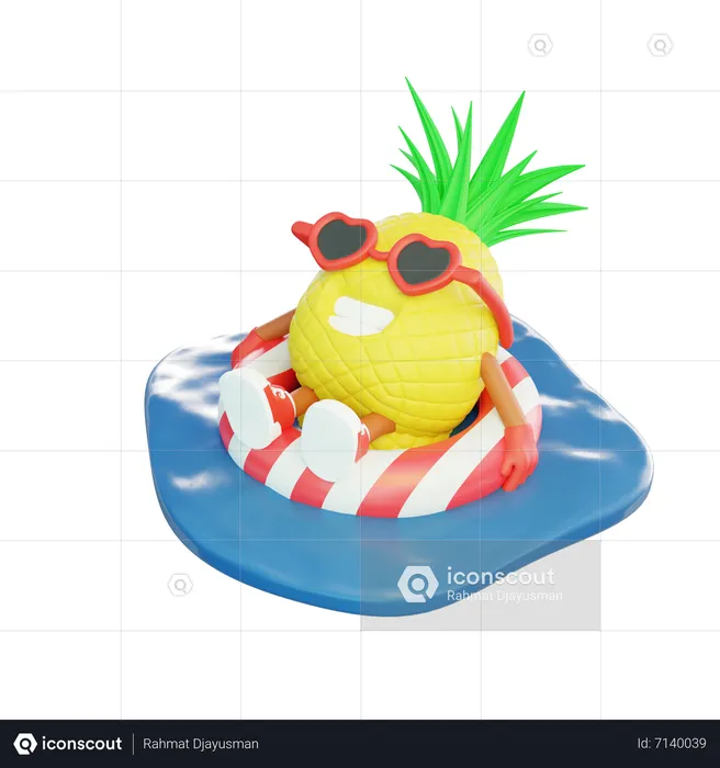 Pineapple Relaxing On Swimming Ring In Sea  3D Illustration