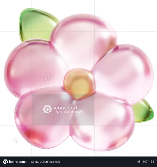 葉の付いたピンクの花  3D Icon