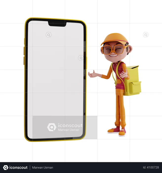 Pizza delivery guy showing smartphone  3D Illustration