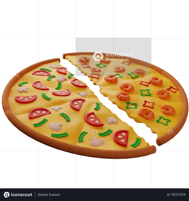 Pizza Of Two Halves With Different Tastes With Mushrooms And Shrimps  3D Illustration