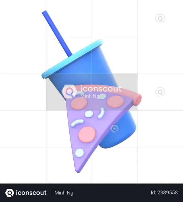 Pizza slice with cold drink  3D Illustration