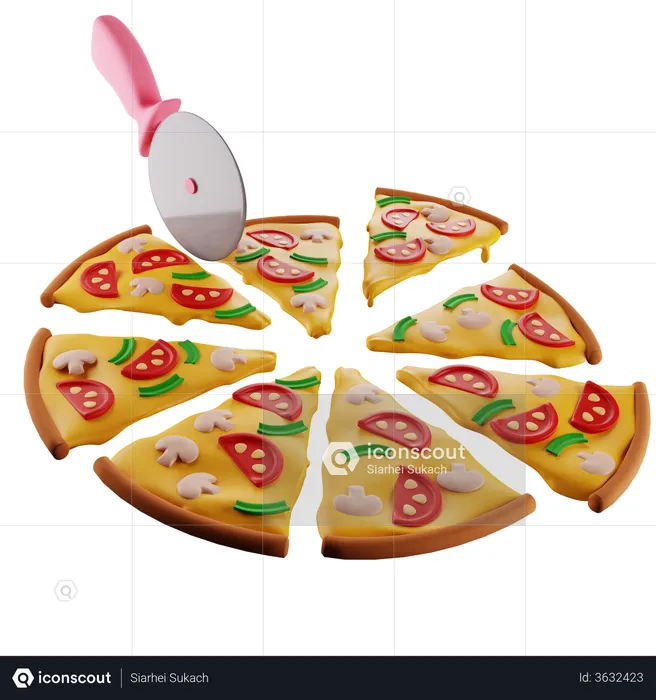 Pizza With Mushrooms Is Divided By A Pizza Knife Into 8 Identical Slices  3D Illustration