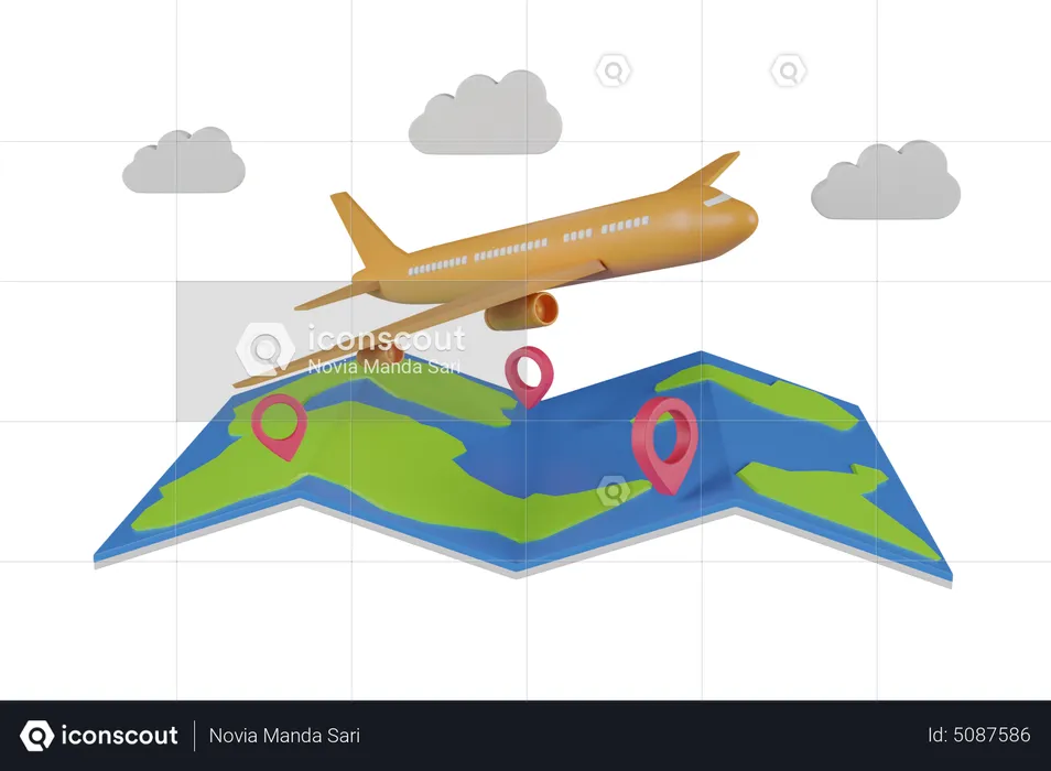 Plane traveling at global location  3D Illustration