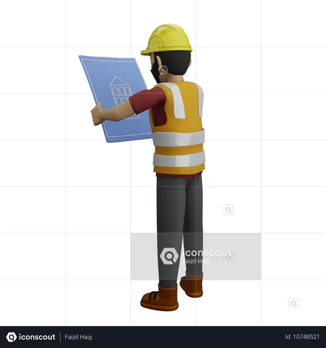 Ingeniero civil mirando plano arquitectónico  3D Illustration