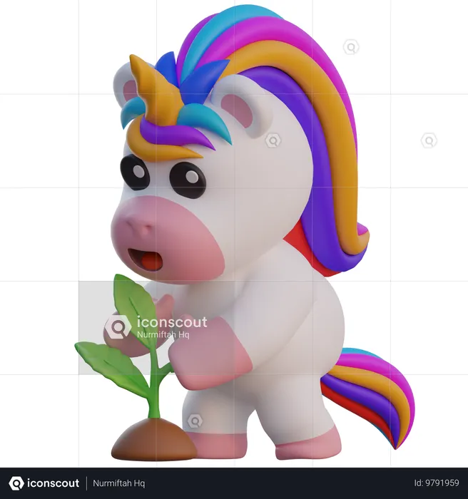 Unicornio cultiva plantas  3D Illustration