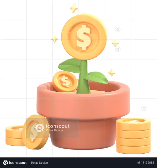 Plante à monnaie avec un pot de fleurs en forme de signe d'argent  3D Icon