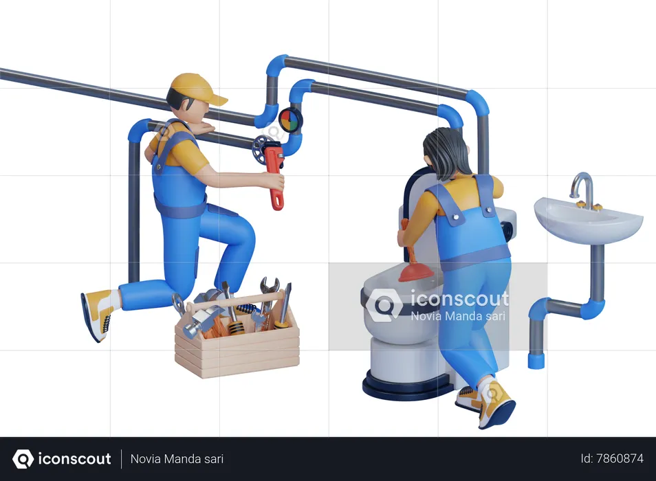 Plumbers Working Together To Repair Pipe And Clean Toilet  3D Illustration