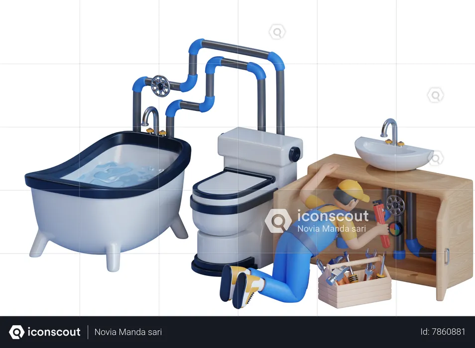 Plumbing Technician Uses Wrench To Fix Water Line Under Sink  3D Illustration