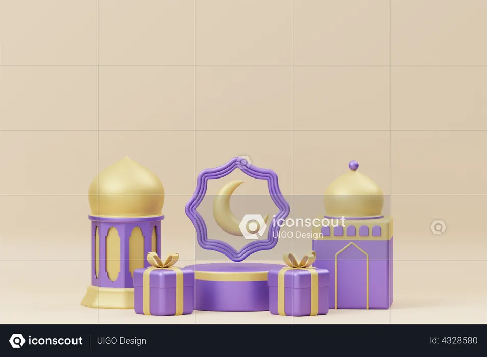 Podio de Ramadán con luna y linterna.  3D Illustration