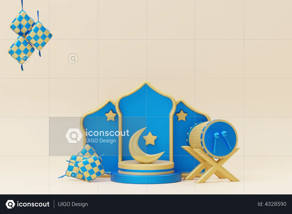 Podio de Ramadán con media luna y bedug.  3D Illustration