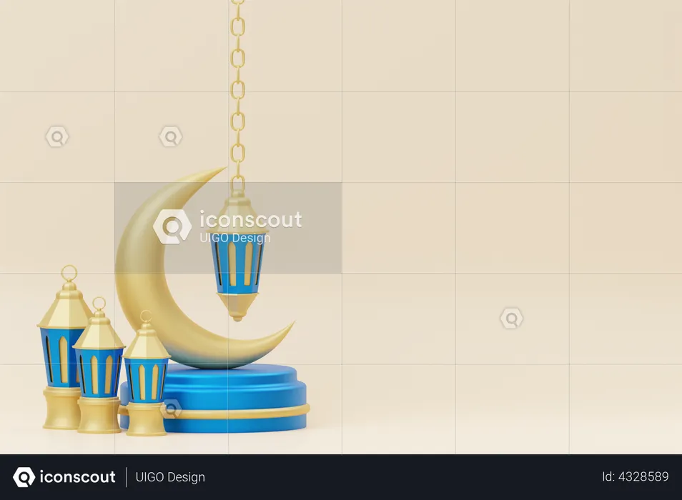 Podio de Ramadán con media luna y linterna.  3D Illustration