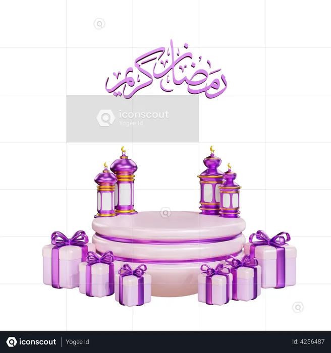 Podio para Ramadán con linterna y caja de regalo.  3D Icon