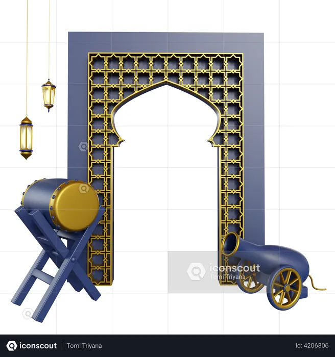 Tambor islâmico e pódio de canhão  3D Illustration