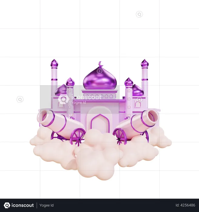 Podium For Ramadan With Cannon and Mosque  3D Illustration