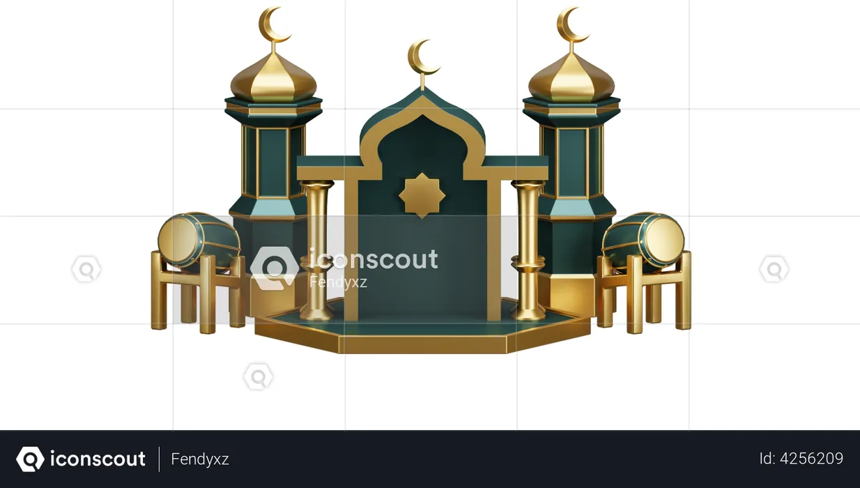 Podium For Ramadan With Drum And Mosque Ornaments  3D Illustration