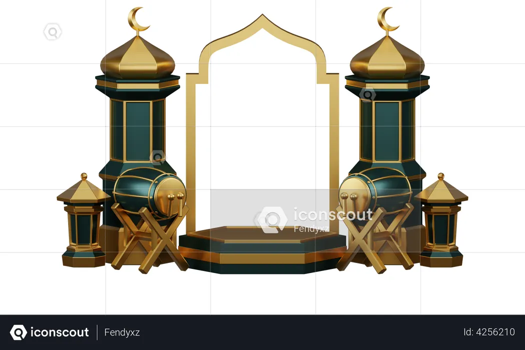 Podium For Ramadan With Drums And Mosque Ornaments  3D Illustration