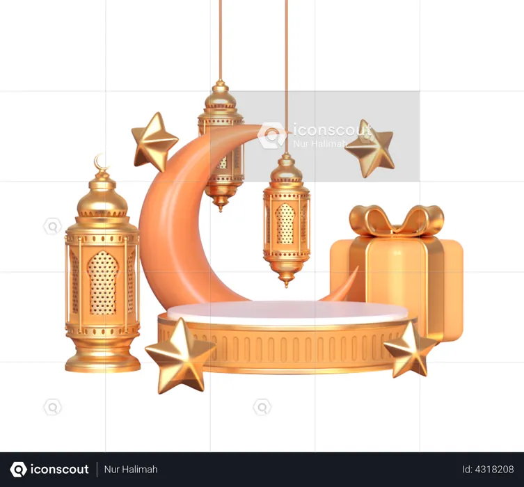 Podium For Ramadan with lantern and moon  3D Illustration