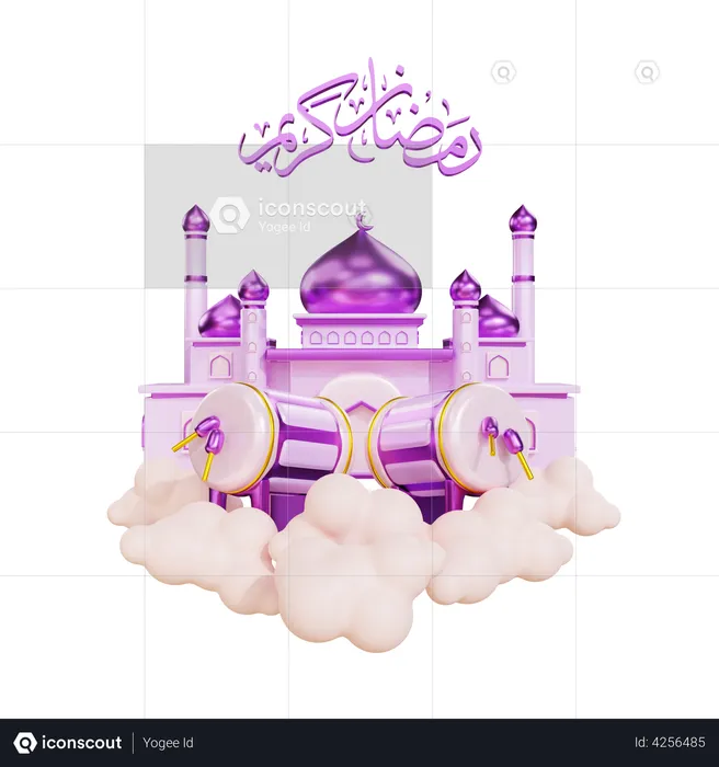 Podium For Ramadan With Mosque and Drum  3D Illustration