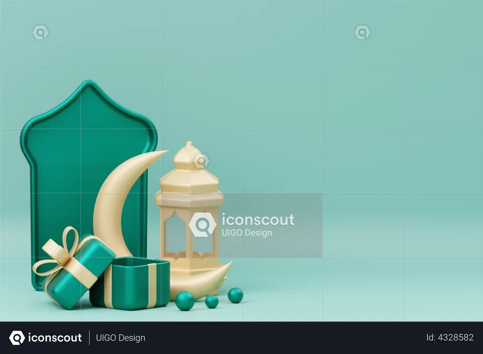 Podium du Ramadan avec croissant et lanterne  3D Illustration