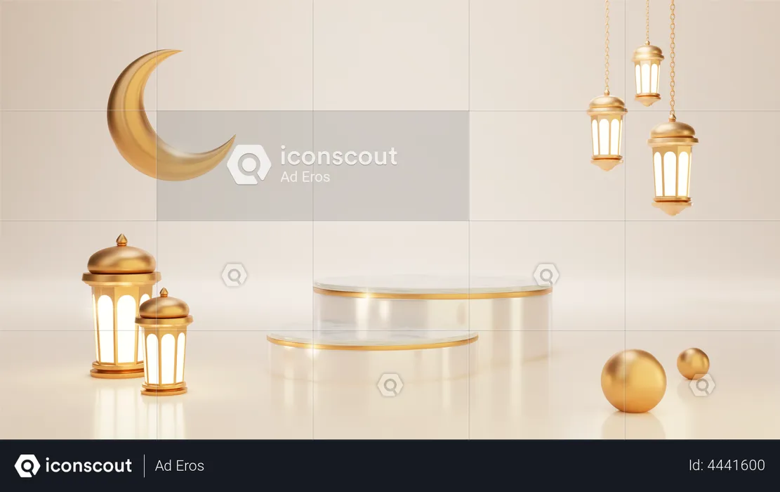 Podium du Ramadan avec croissant et lanterne  3D Illustration