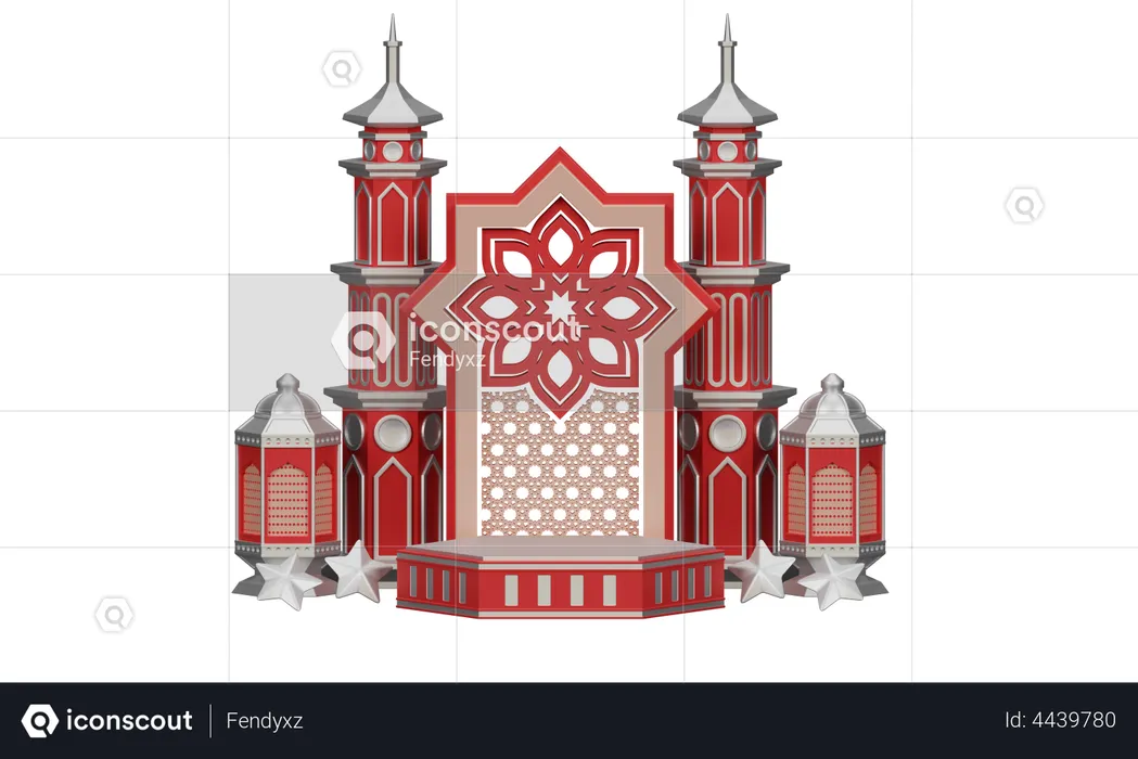Podium Ramadan With Lantern And Mosque Ornament  3D Illustration
