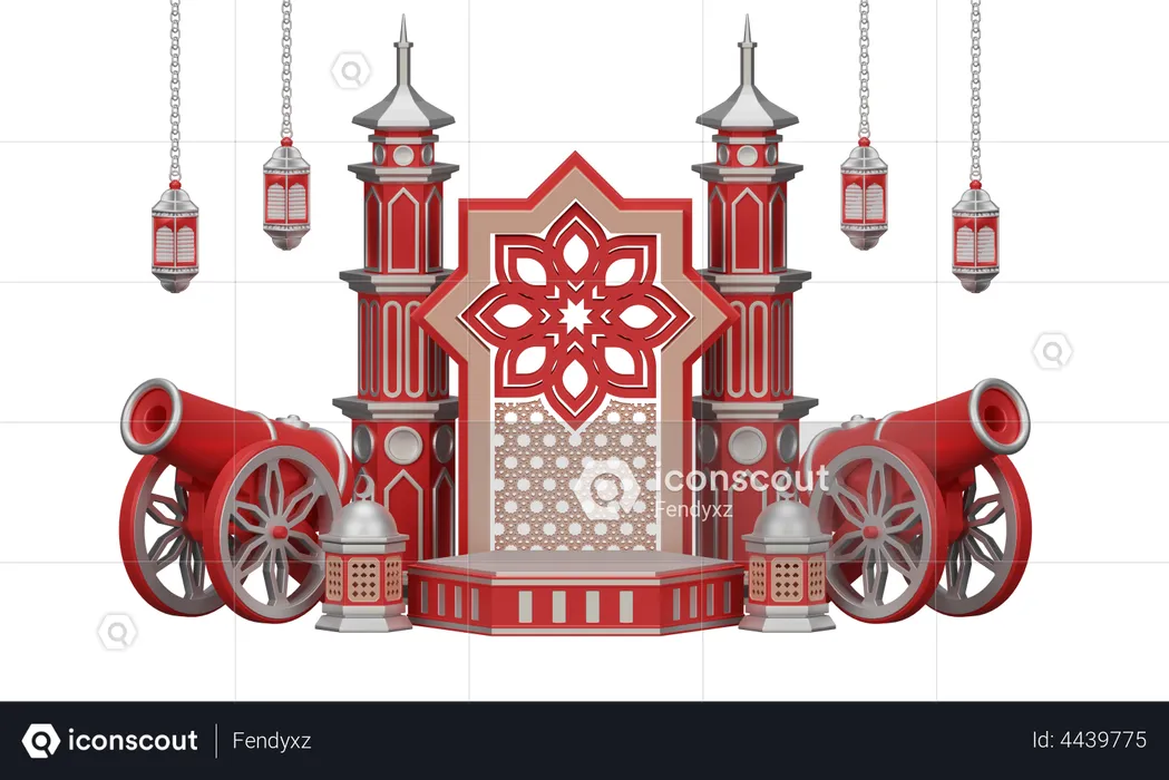 Podium Ramadan With Traditional Cannon And Mosque Ornament  3D Illustration