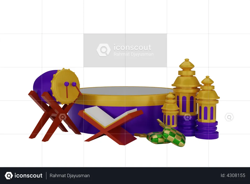 Podium with begun and lantern  3D Illustration