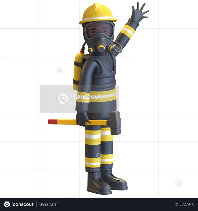 Protection complète des équipements de pompier tenant une masse  3D Illustration