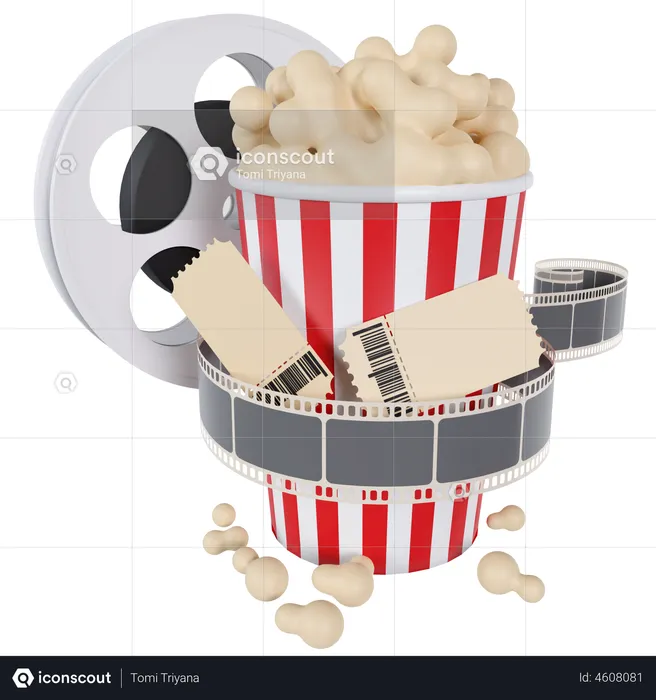 Popcorn Bucket And Film Strip  3D Illustration