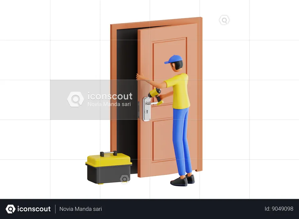 Homem consertando porta  3D Illustration