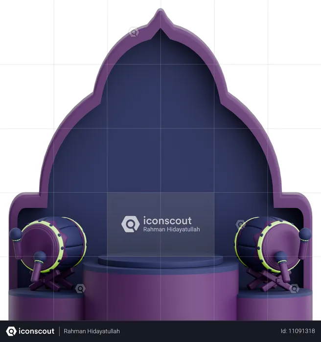 Porte de la mosquée avec podium et tambour musulman Bedug pour la célébration du Ramadan  3D Illustration