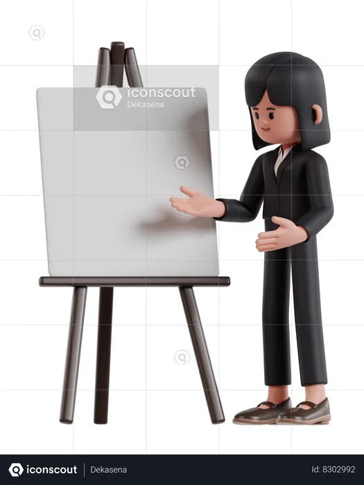 Présentation de femme d'affaires avec tableau blanc  3D Illustration