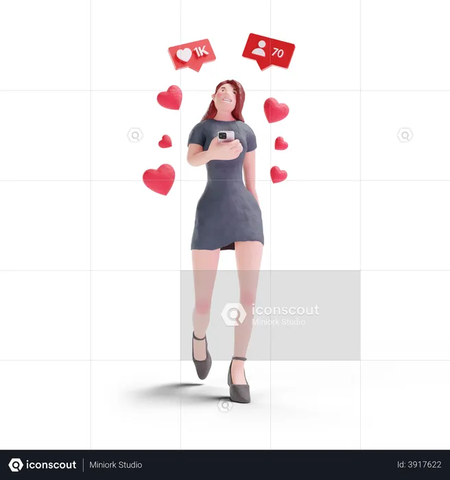 Pretty woman in dress getting likes and follow on social media  3D Illustration