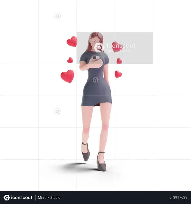 Pretty woman in dress in love with social media  3D Illustration