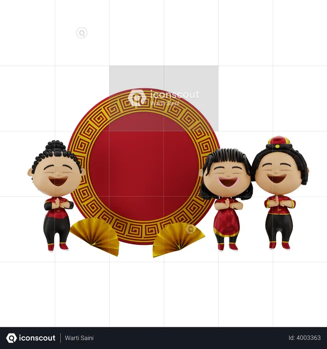 Famille priant pour le nouvel an chinois  3D Illustration