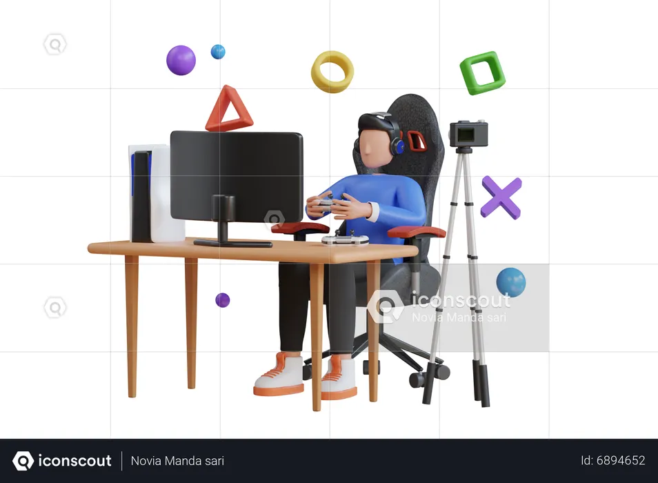 Professional gamer sitting in gaming chair and doing live stream  3D Illustration