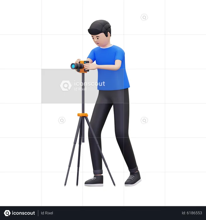 Professional photographer is taking pictures using camera tripod  3D Illustration