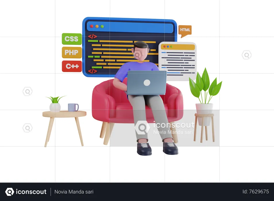 Professional programmer writing code for testing computer software  3D Illustration