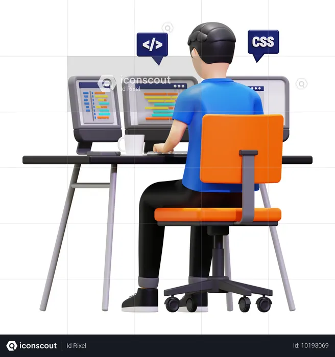 프로그래밍 개발자가 프로젝트를 진행 중  3D Illustration