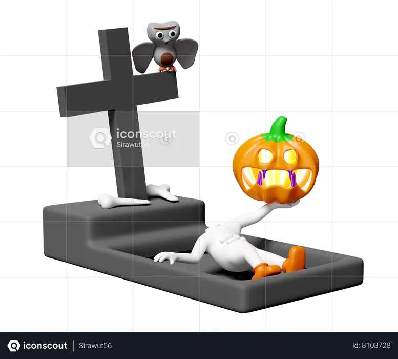 Pumpkin Ghost On Cemetery  3D Illustration